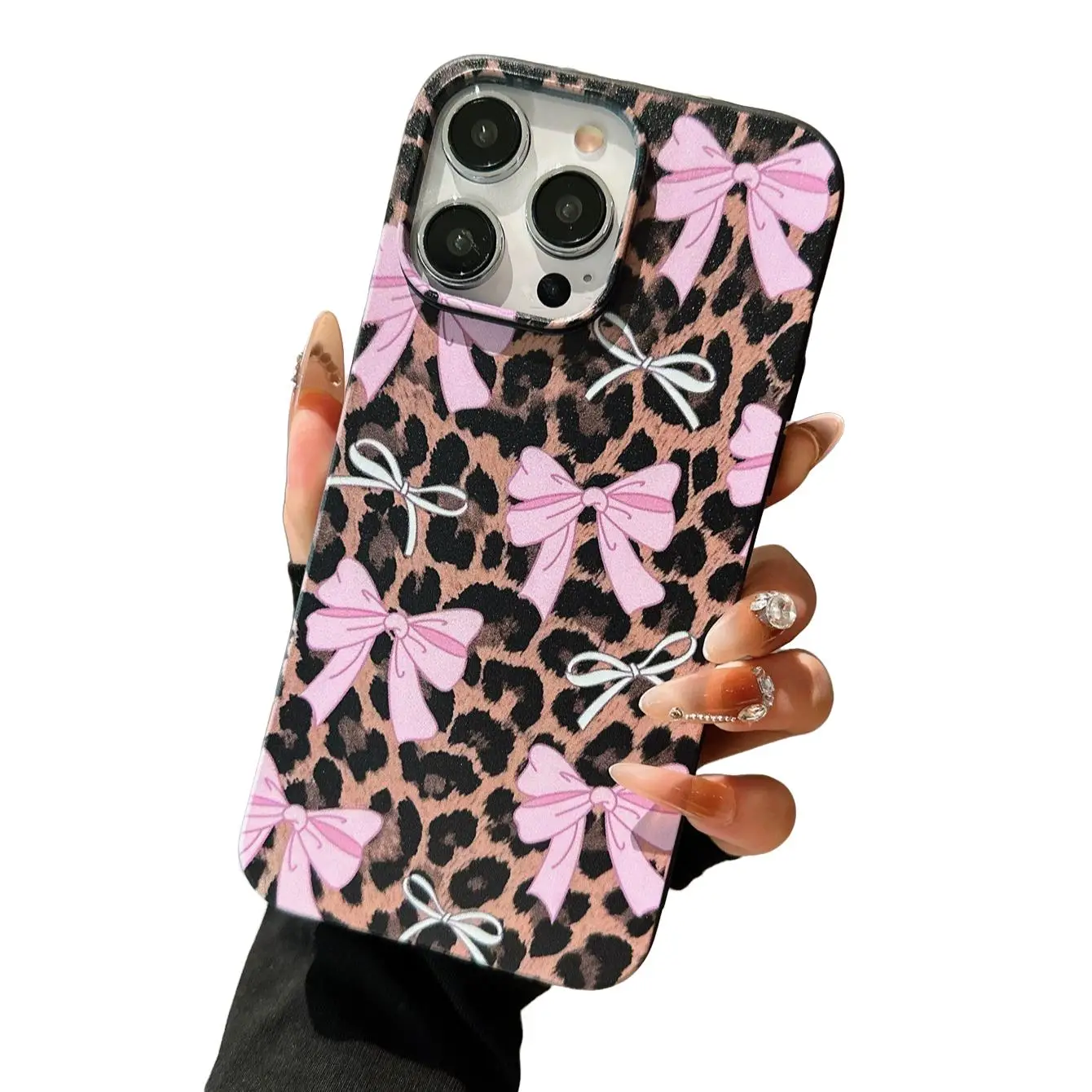 Fashion Bowknot & Leopard-pattern Phone Case, Shockproof Phone Protective Cover, Phone Accessory Compatible with iPhone 16 15 14 13 12 11 Plus/Pro/Pro