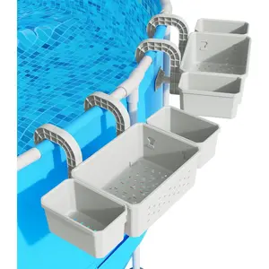 Poolside Storage for Above Ground Pool Accessories, Thickened Plastic Pool Basket with 2 Pool Cup Holder, Multifunctional Poolside Holder Fits for Most Frame Pools (2 Pack)