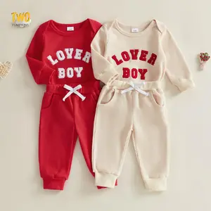 Baby Boys Valentine's Day Outfit Sets Long Sleeve Crew Neck Letter Embroidery Romper Drawstring Fall Winter Pants Sets