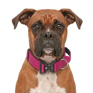 Magenta Heavy Duty Dog Collar for Boxer, Vibrant Rose Red Pet Gear with Quick Release Metal Buckle, Strong Control Handle Tactical Collar for Large Breeds, No-Pull Premium Walking Equipment