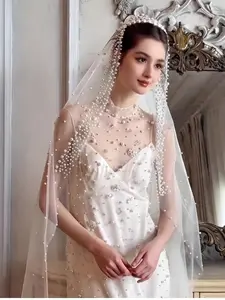 Elegant Cathedral Wedding Veil, Trailing Veil, Single Layer Pearl Design, Ivory Color Bridal Accessory, Perfect for Church Weddings