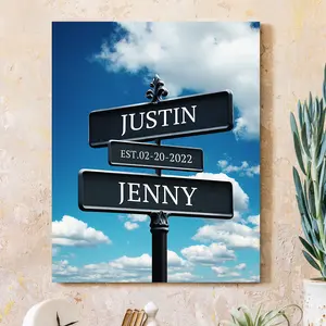Crossroads Sign Couple's Name and Date on Street Sign Blue Sky Canvas Prints Love Gift for Anniversary,Wedding,Birthday and Holidays