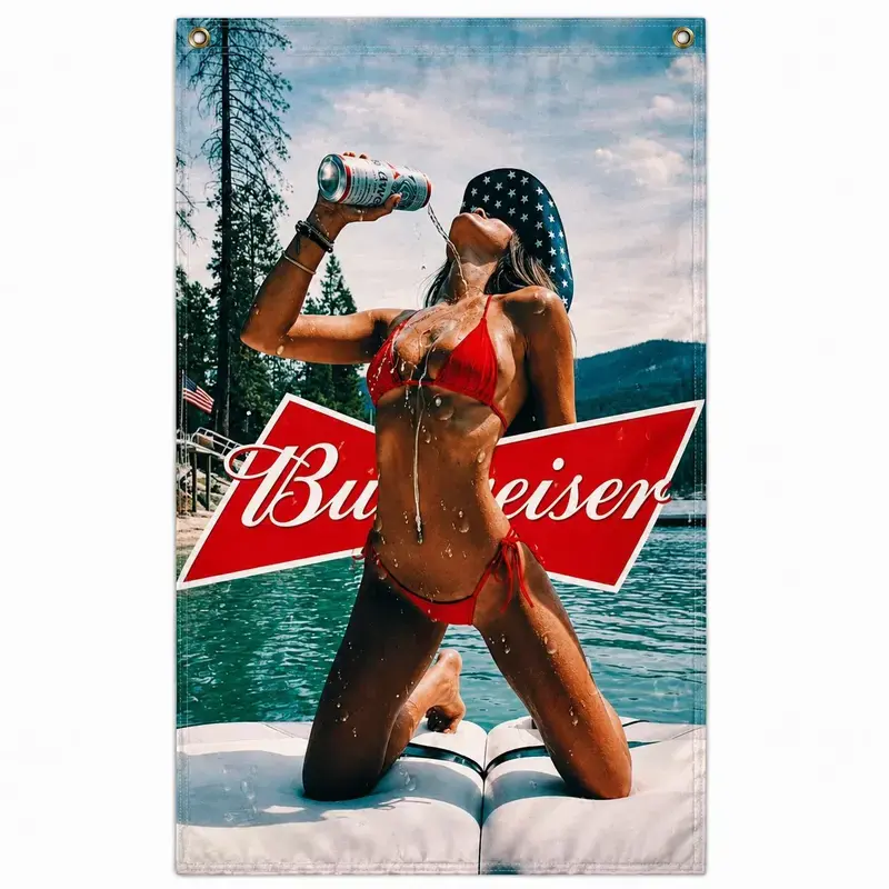 Budweiser Bikini Girl Flag, Summer Poster Banner with Model, Patriotic Hat and Boat Artwork, Retro Bar Decor for Man Cave, Garage, Lake House, Patio and Party Room