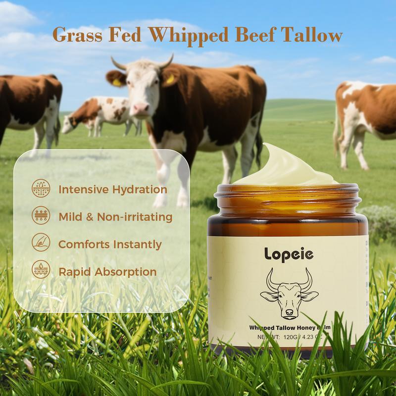 Lopeie Organic Grass-Fed Beef Tallow Balm with Raw Honey & Beeswax - Natural Moisturizer for All-Body Skin Care, Hydrating Formula with Vitamins A, D, E, K, 4.23 Oz-LAVENDER   New Year gift
