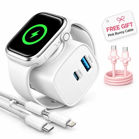 OOI 3-in-1 Magnetic Wireless Mobile Phone Charging Block - 20w+18w Dual-Port Fast Charging, No Fiddle Built-in Smart Watch Charger, 2-in-1 USB-C/Lightning Cable Included, Compact Travel Adapter for iOS Devices (TikTok Shop SohoChic)