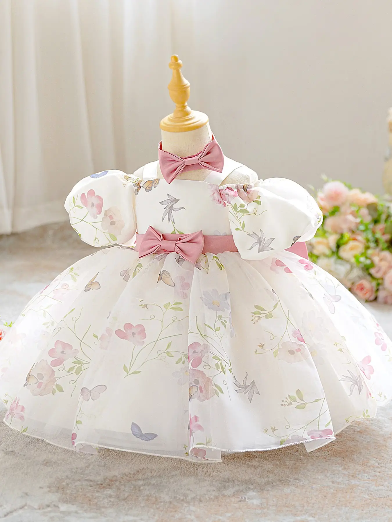 Baby Girl Sweet Dress Puff Sleeve Princess Dress Elegant Dress Pastoral Style Pink Bow Dress
