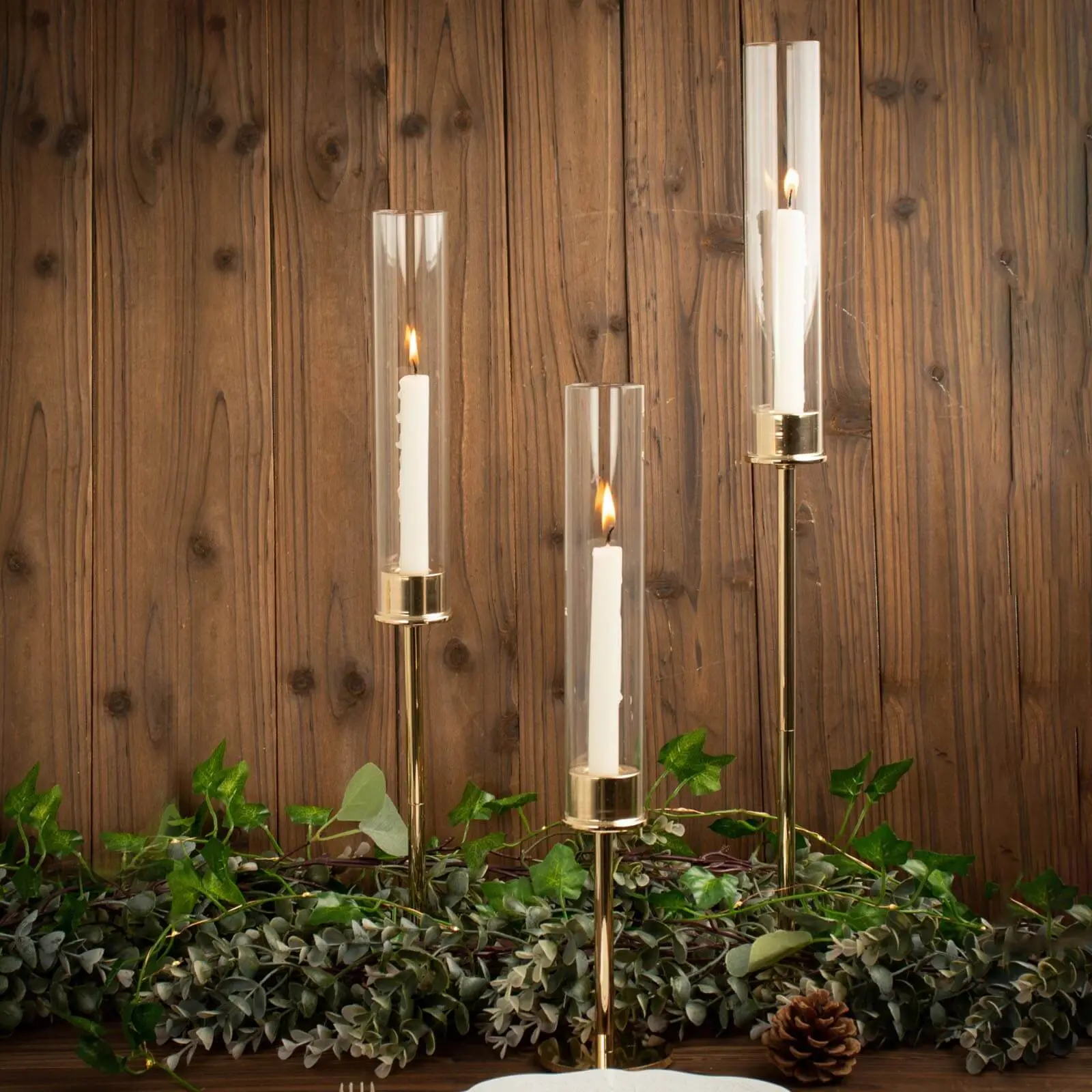 Set of 3 Tall Gold Metal Taper Candlestick Holders 16", 20", 24" - Clear Glass Hurricane Candle Stands With Chimney Candle Shades