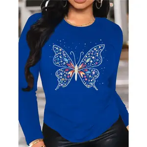 Women's Long Sleeve T-Shirt Sparkly Rhinestone Butterfly Graphic Tee Glamorous And Eye - Catching Top For Casual Daily Wear Special Occasions And Fashion - Forward Style Statements