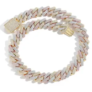 Necklace Hip Hop 20MM Iced Out Tri Color Rose Miami Strip Cuban Chain Hip Hop Men's Necklace