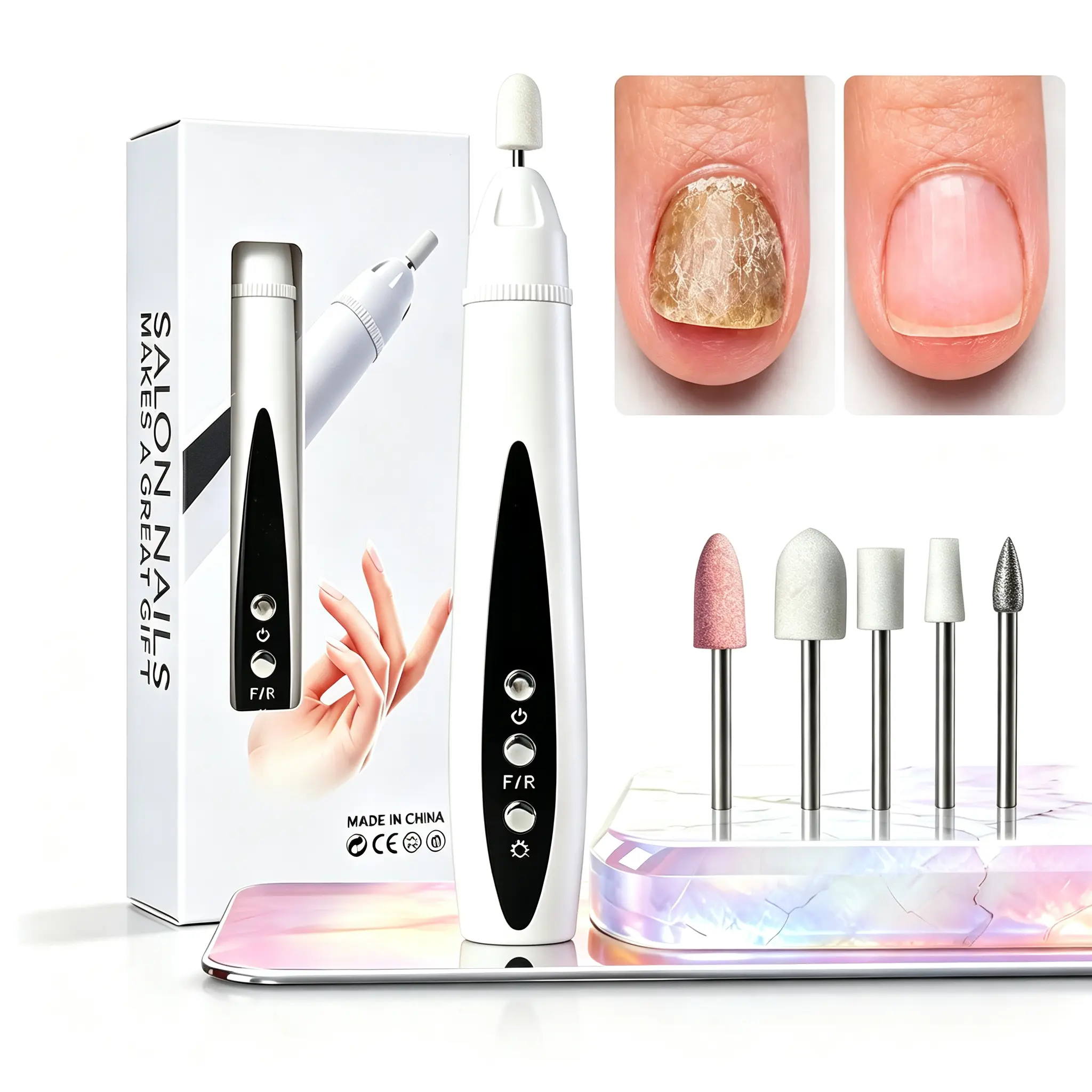 Portable Rechargeable Electric Nail Drill Pen with Built-in UV Light, Professional Manicure Pedicure File Kit, Adjustable Speed, Forward-Reverse Rotation, 5 Multi-Function Bits for Gel Acrylic Nails Home Salon Use