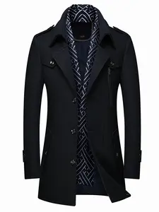 Men's Wool Blend Trench Coat with Detachable Soft Scarf Notched Collar Single Breasted Overcoat
