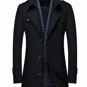 Men's Wool Blend Trench Coat with Detachable Soft Scarf Notched Collar Single Breasted Pea Coat Overcoat