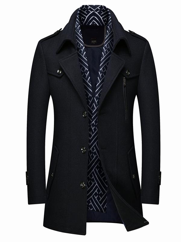 INVACHI Men's Fitted Wool Blend Woven Long Sleeve Casual Plain Trench Coat - Detachable Soft Scarf, Notched Collar, Single Breasted Button Overcoat