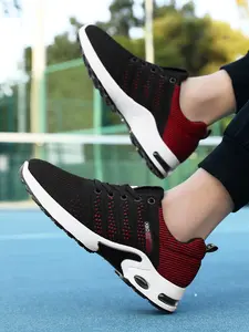 Men's Lace-Up Running Shoes, Large Size Sports Sneakers, Thick Sole Height Increase, Flyknit Air Cushion Soft Bottom, Fashion Casual Breathable, Running Athletic Shoes
