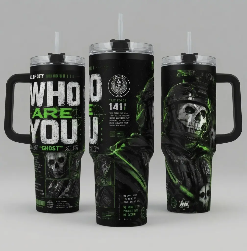 Simon “Ghost” Riley Task Force 141 Call of Duty Tumbler, 40oz Cup with Handle and , Insulated FPS Gaming Gift Featuring an Epic Green Mask Design
