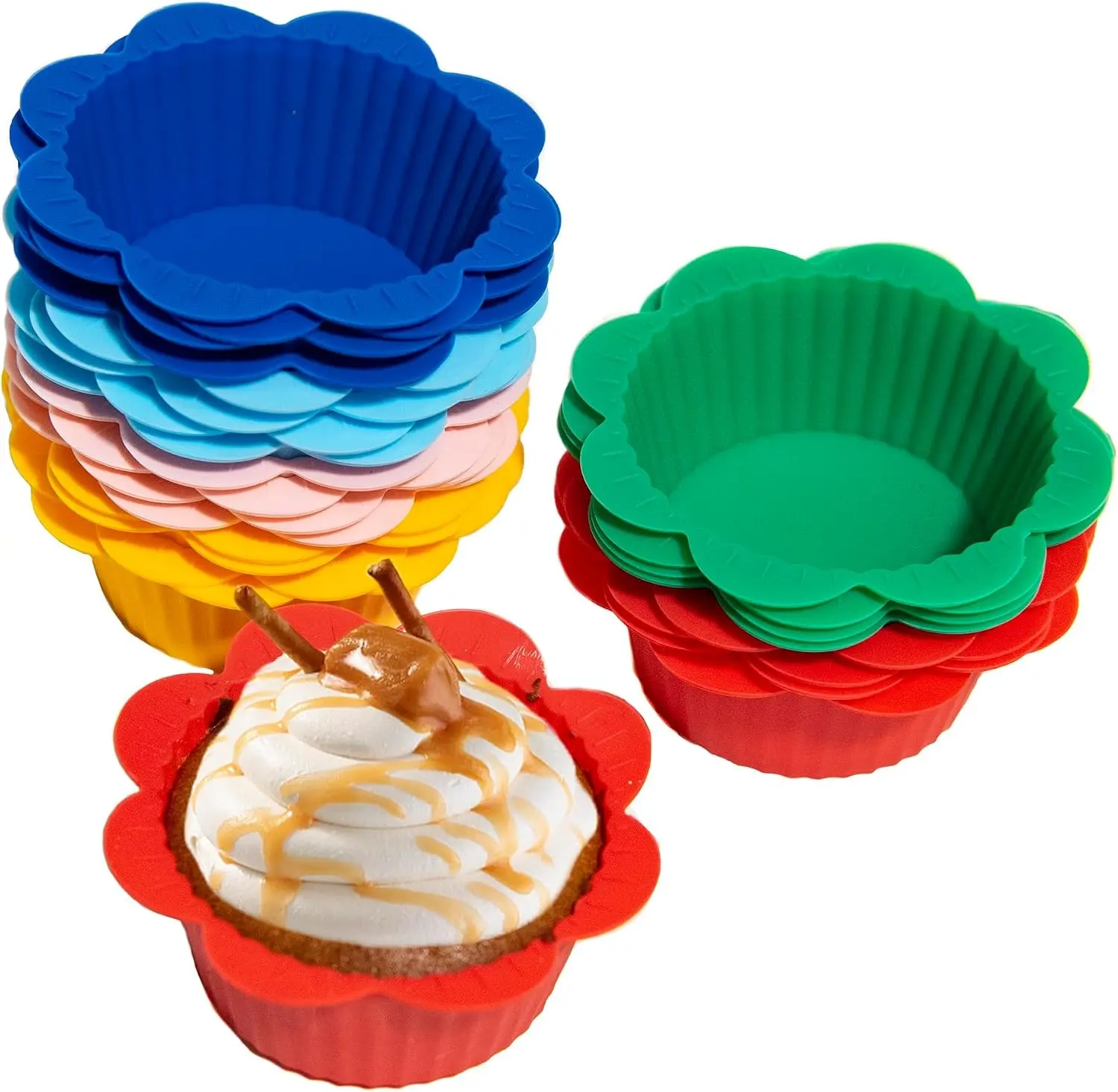 24 Pcs Silicone Muffin Liners with Tabs, Reusable Cupcake Liners for Steel Muffin Pan, Non-Stick Baking Cups (24Pcs-6Colors)