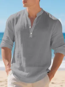 Men's Fashion Plain Linen Long Sleeve Shirt, Loose, Stand Collar Henry Neckline, Simple Solid Color, American Casual Style, Spring & Fall, Casual Breathable Shirts