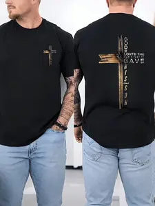 Men's Regular Fit Cross Print Short Sleeve T-Shirt, Casual Round Neck Graphic Tee, Summer Versatile Fashion Streetwear Top, Street Style, Menswear