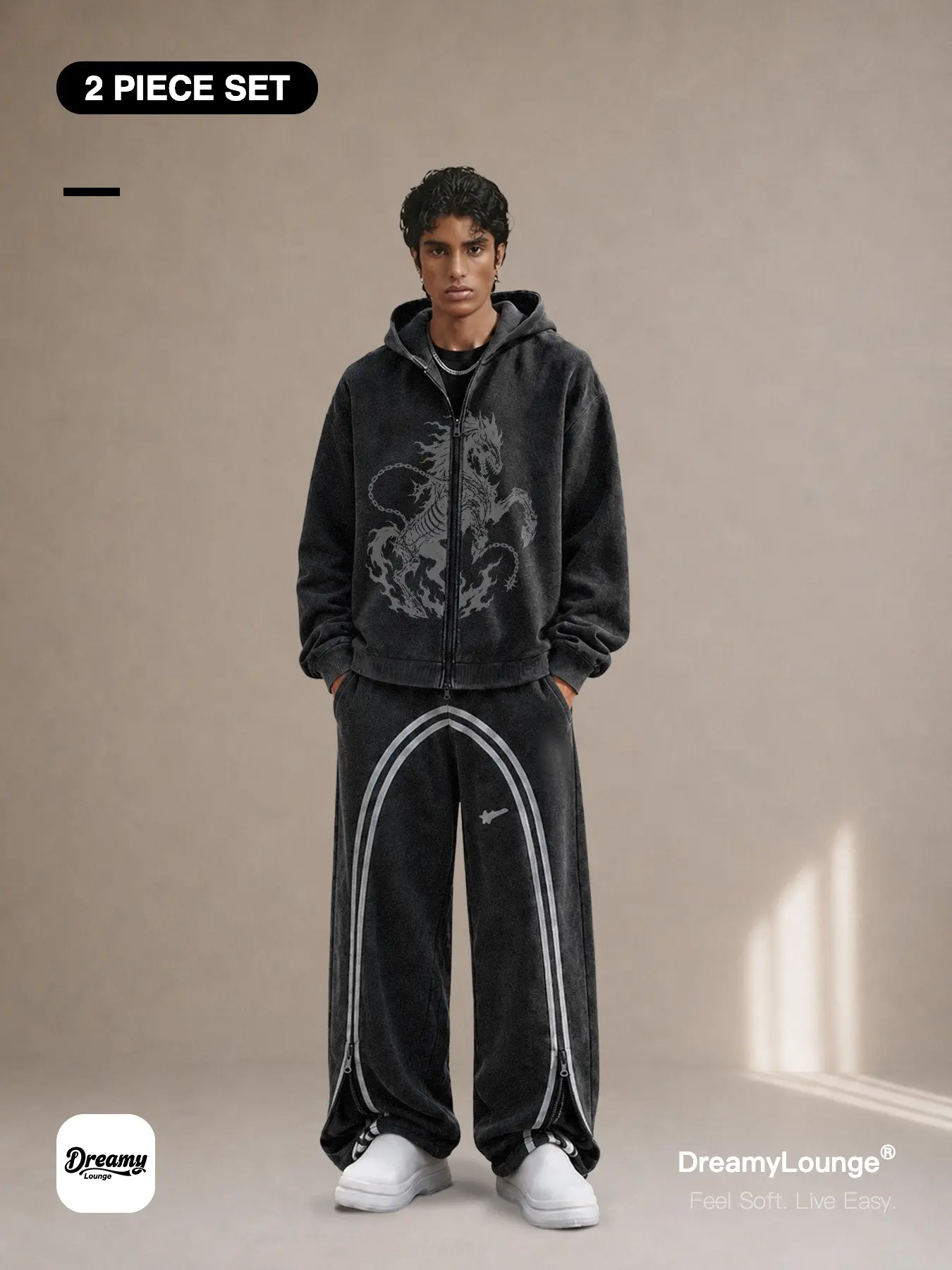 Streetwear Loose Fit Hell Horse Ghost Rider Design 「2-Piece Set」 Zipper Hoodie + Sporty Wide Leg Pants, Casual Daily Wear