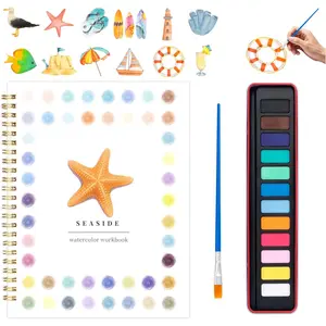 Watercolor Workbook for Adults, Beginner Friendly Watercolor Painting Kit Seaside Water Coloring Book, Nature-Themed Practice Art Gift with Palette and Brush