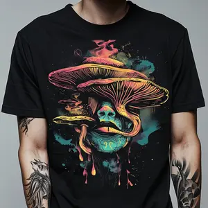 Men's Unisex Yarn T-Shirt - Short-Sleeve, Classic, Basic, Casual, Trippy Mushroom Print, Retro Psychedelic, Vaporwave, Weirdcore Festival Tee with Pocket & Matching Design