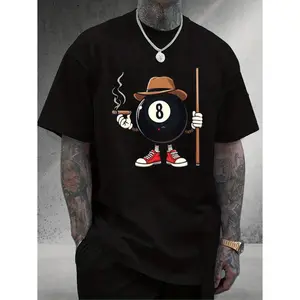 Men's 8-ball with a cool, anthropomorphic character smoking a cigar and holding a pool cue Graphic T-Shirt - Short Sleeve Crew Neck Regular Fit Casual Wear | Soft & Breathable Fabric, Durable Print, Everyday Comfort, Machine Washable, casual and humorous