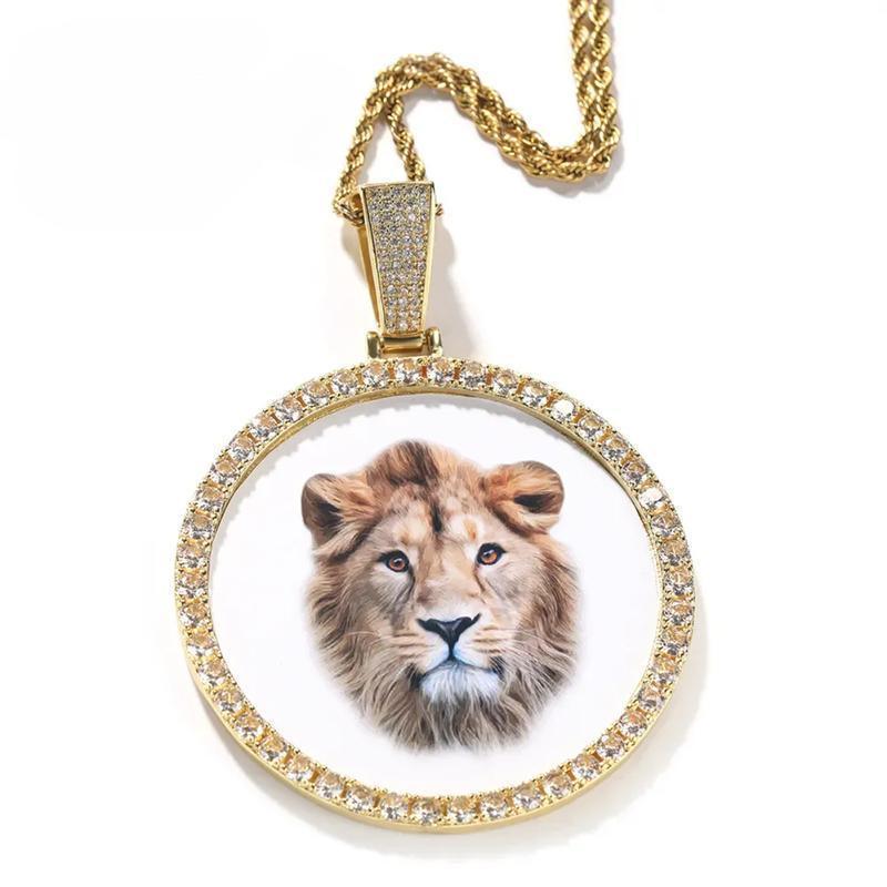[ICE HUE]18K Gold Vacuum Plated Copper with 5A+ Sri Lanka Zircon DIY Custom Memory Round Colorful Photo Pendant With Necklace Miami Italy Mexico & Micro Inspired for Women & Men Jewelry,Daily Wear,Casual Fashion,Gift Idea,,Classic,Hip Hop,Simple