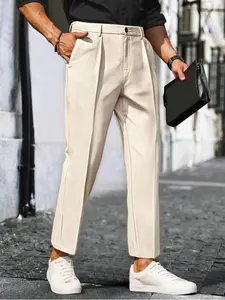 Men's Casual Formal Pants, Straight Leg Design, Office & Home Use, Smart Business Suit Trousers with Pockets, Flat Front Style, Casual Minimalist Trousers