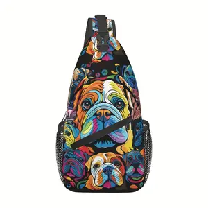 A Versatile Crossbody Chest Bag Designed for Hiking, Featuring a Doodle Style Bulldog Design. This Folding Backpack Offers Ample Storage  Is Both Fashionable  Durable, Suitable for Shopping, Work, Leisure Travel, Beach Outings, Fishing and