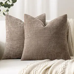 Set of 2 Textured Throw Pillow Covers Decorative Soft Accent Square Chenille Pillowcases Neutral Farmhouse Cushions Modern Home Decor for Couch Sofa Bedroom Living Room 18x18 Inch, Taupe Gray