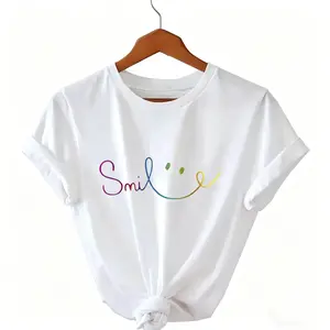 Women Colorful Smile Print Round Neck Short Sleeve Casual T-Shirt White Summer