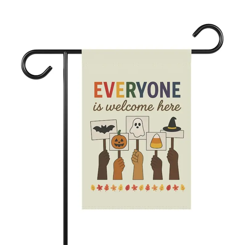 Inclusive Halloween Garden Flag, Everyone Is Welcome Here Yard Decor, Fall Outdoor Decoration, Pride Rainbow Progressive Sign, Autumn Banner