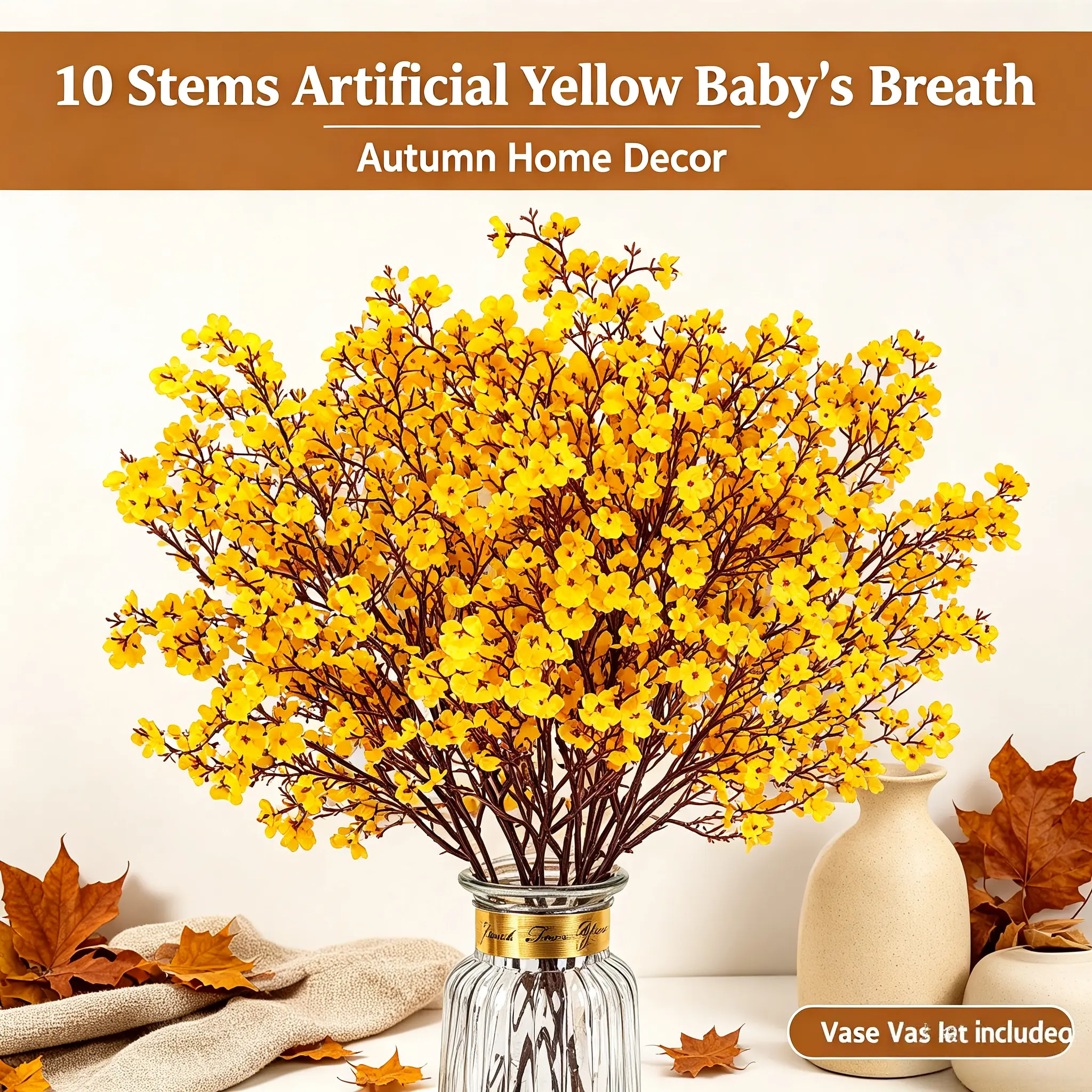 10 Yellow Realistic Silky Faux Baby's Breath Artificial Flowers - Autumn Blooms, Fuzzy Wire Stems, Floral Decor with Eucalyptus, Tulip, Mini Daisy, Red Poinsettia Elements for Home, Wedding Vase Arrangements