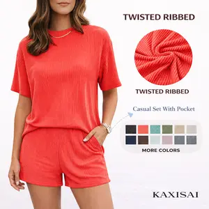 KAXISAI Women's 2-Piece Summer Lounge Set, Round Neck Short Sleeve Twisted Thread Polyester Blend Shirt & Medium Length Loose-Fit Shorts with Pockets, Ribbed Textured Casual Pajamas Tracksuit (Mother’s Day Gift)