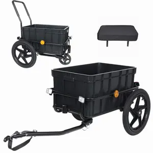 2-in-1 Bike Cargo Trailer Pushcart, Bicycle Trailer with Removable Box and Waterproof Cover, Black, Pushcart Stroller with Tow Hitch and Removable Handlebar, black