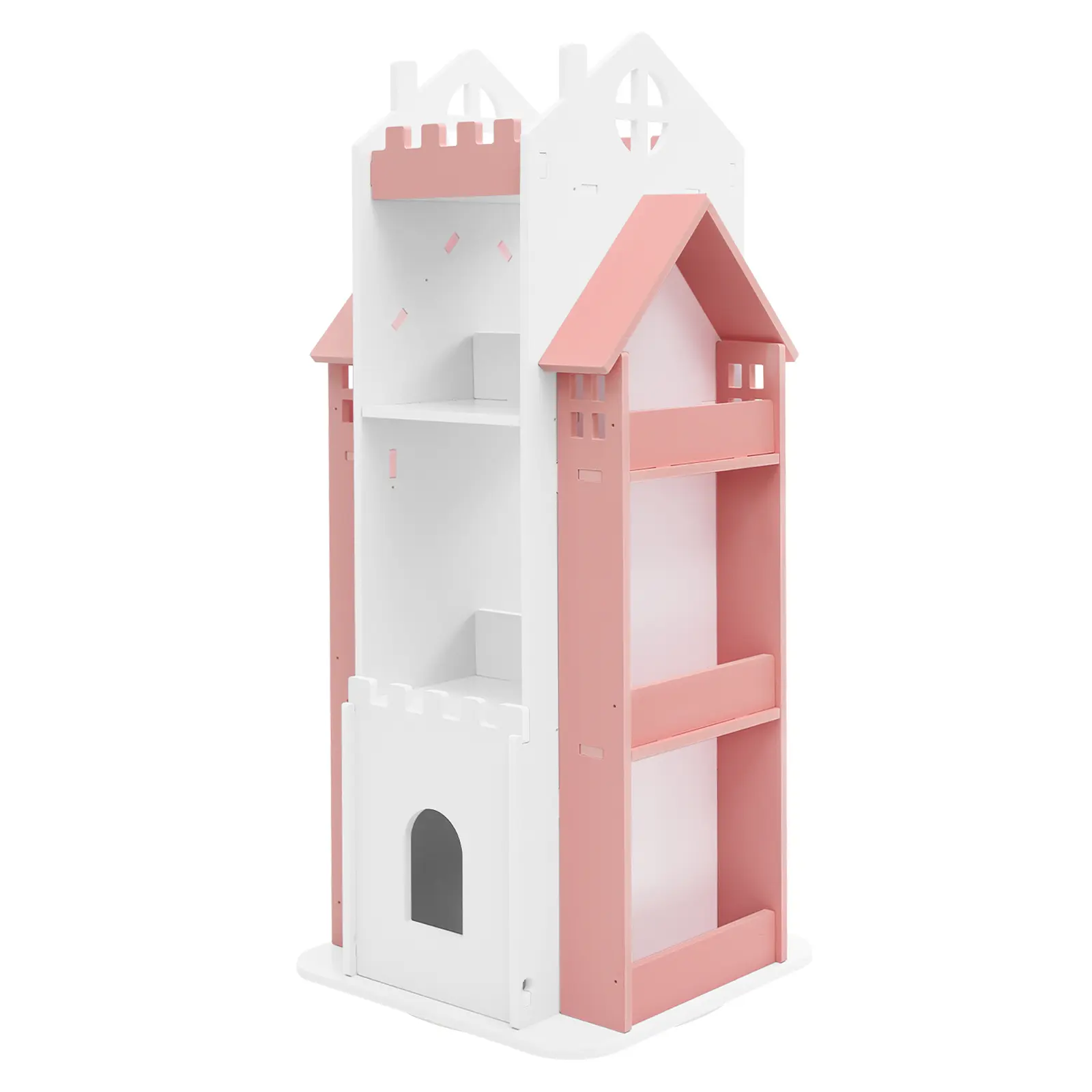 Modern pink-and-white color-block children’s rotating bookshelf, made of PVC×ABS, durable and easy to clean, high load capacity, multi-tier large storage capacity, freestanding floor-standing organizer for home, kids’ rooms, and studies/libraries.