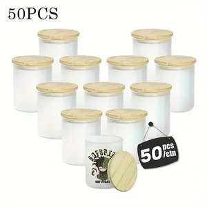 50-Pack 9oz Frosted Glass Jars with Bamboo Wooden Lids - Blank Sublimation Canisters for Crafting, Storage, and DIY Projects - Transparent with Colorful Inner Liners, Craft Storage Containers |   Minimalist Jar Design |   Natural Touch Design
