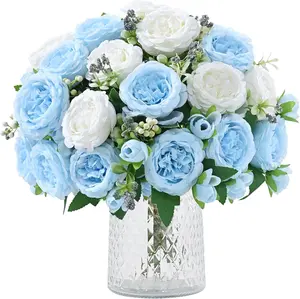Mixed White & Blue Artificial Peony Bouquet - 2 Packs Silk Peonies Flowers, Mother’s Day Gift for Table Centerpieces, Home Decor