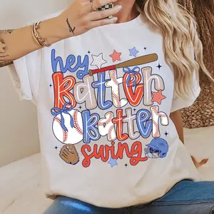 (NOT GLITTER) Preppy Baseball Hey Batter Batter Swing Bow Shirt, Game Day Baseball Mom Sweatshirt, Girly Sports Mama Tee, Mother's Day Gift