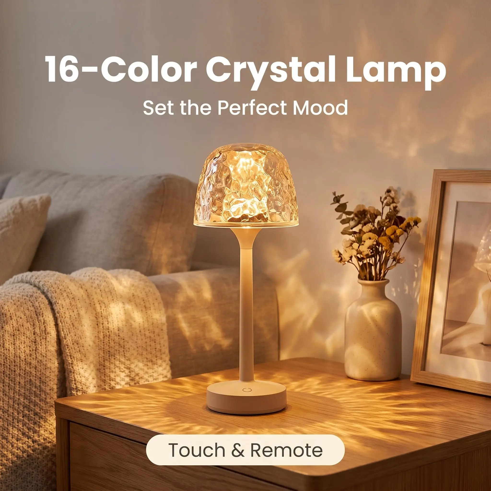 16-Color Water Ripple Projection Table Lamp - Rotating Crystal Ambient Night Light with Remote Control, 3-Tone Dimmable Bedside Lamp for Bedroom, Spa Room Aesthetic Decor Gift