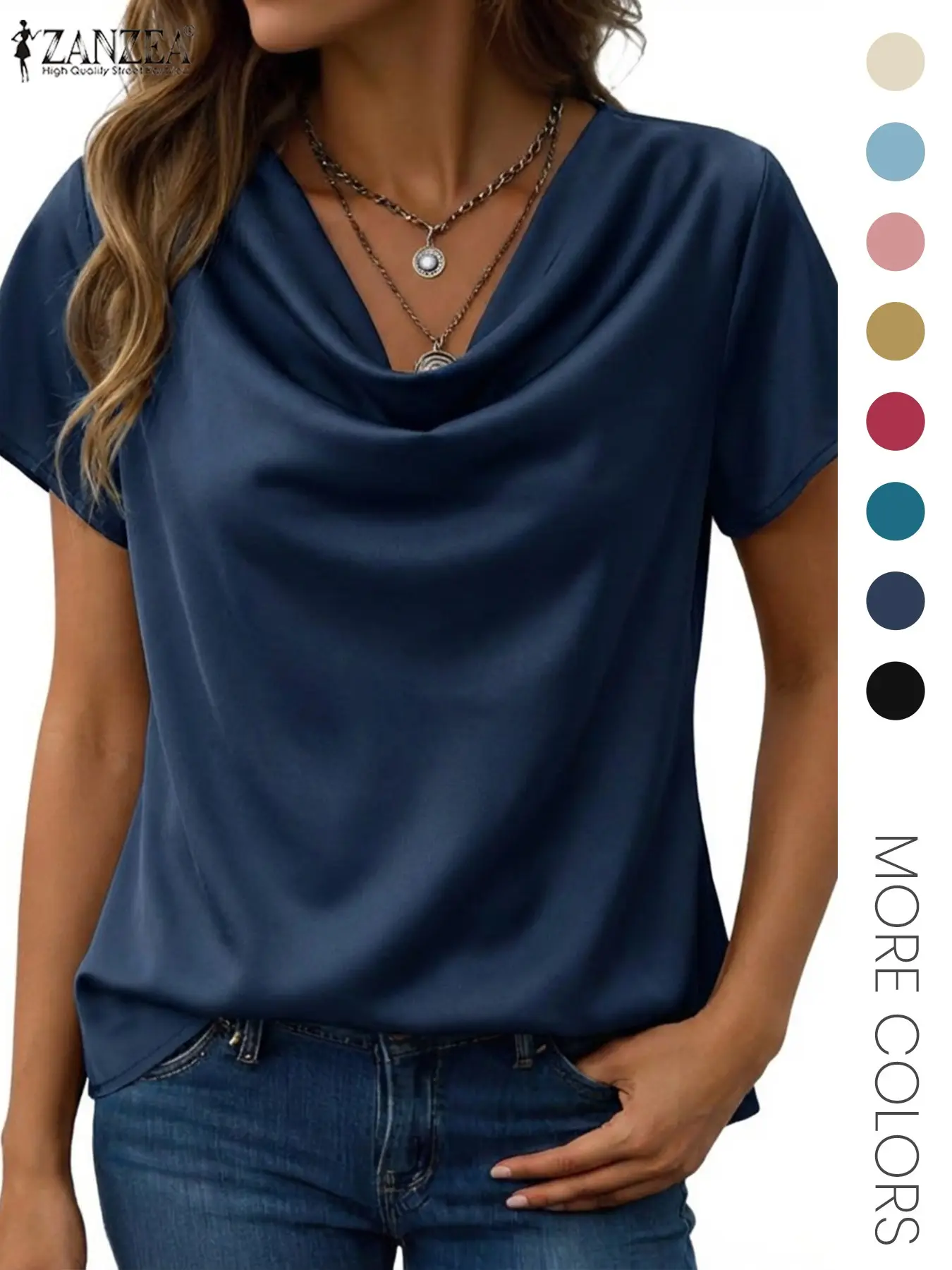 Women's Basic Minimalist Solid Cowl Neck Loose Fit Baggy Blouse, Shirts, Casual Short Sleeve Top for Summer, Ladies Clothes for Daily Wear