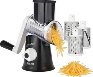 Rotary Cheese Grater Hand Crank - Cheese Shredder Hand Crank with Handle, Vegetable Shredder with 3 Stainless Steel Blades & Strong Suction Base – Round Slicer & Food Chopper for Kitchen