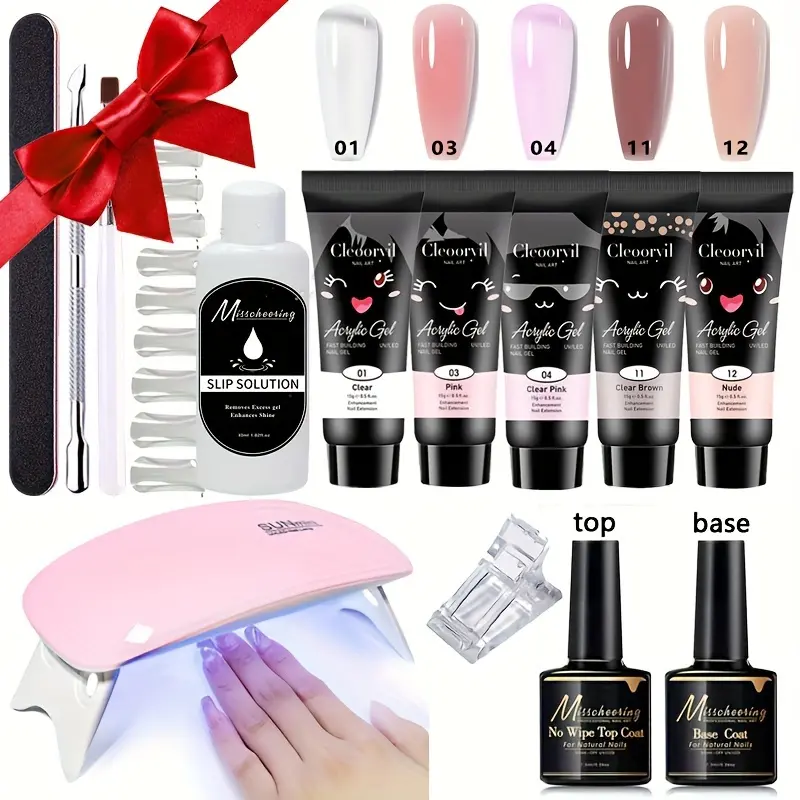 Smooth UV Polymeric Gel Nail Extension Manicure Kit - Nail Care Set with 5 Extension Glues, UV Lamp, Gentle Primer, Wash-Free Seal, Pen Wash Water, Transparent Mold & Full Tools for Beginners, Holiday Gifts