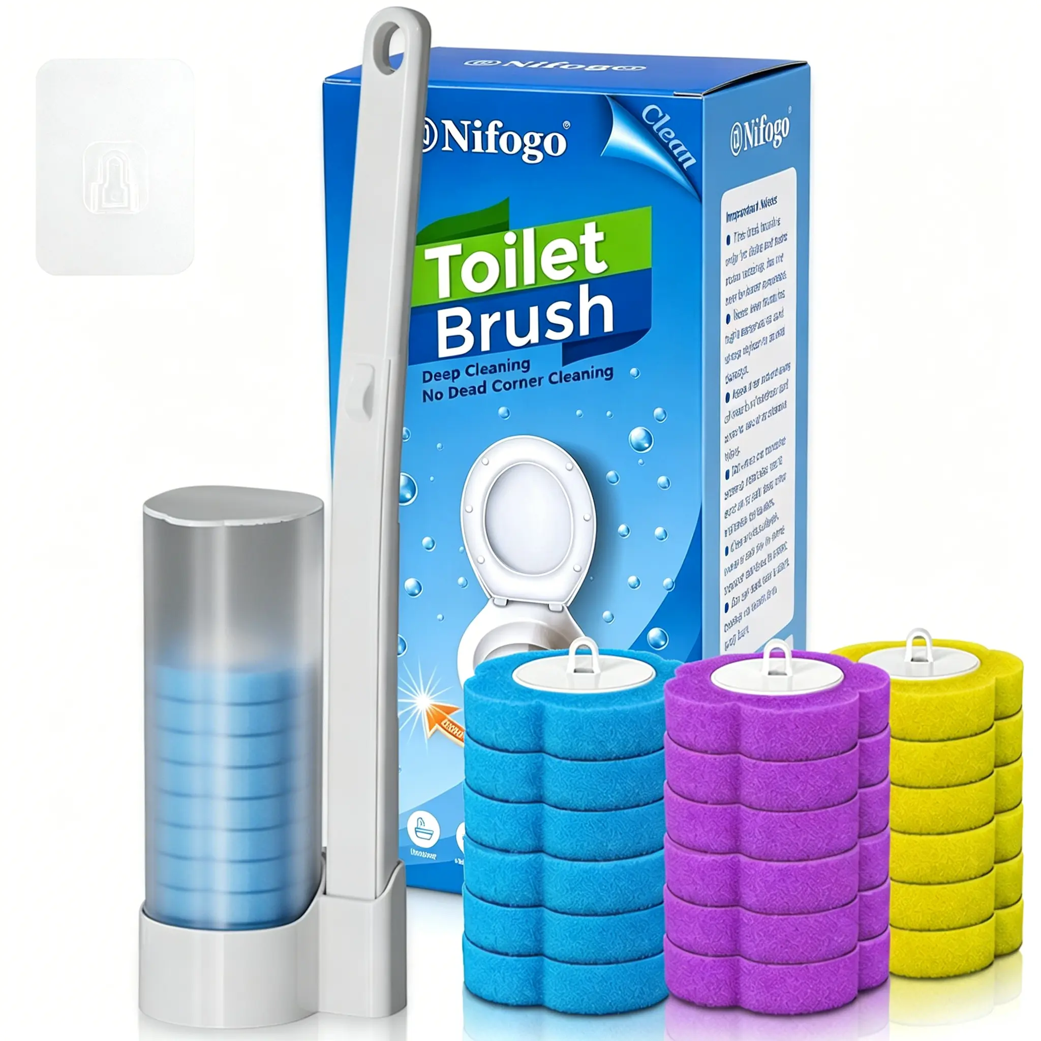 Nifogo Multicolor Individual Pack Replacement Sponge Heads Toilet Brush Stand Hang Dual Use Minimalist Luxury Bathroom Set
