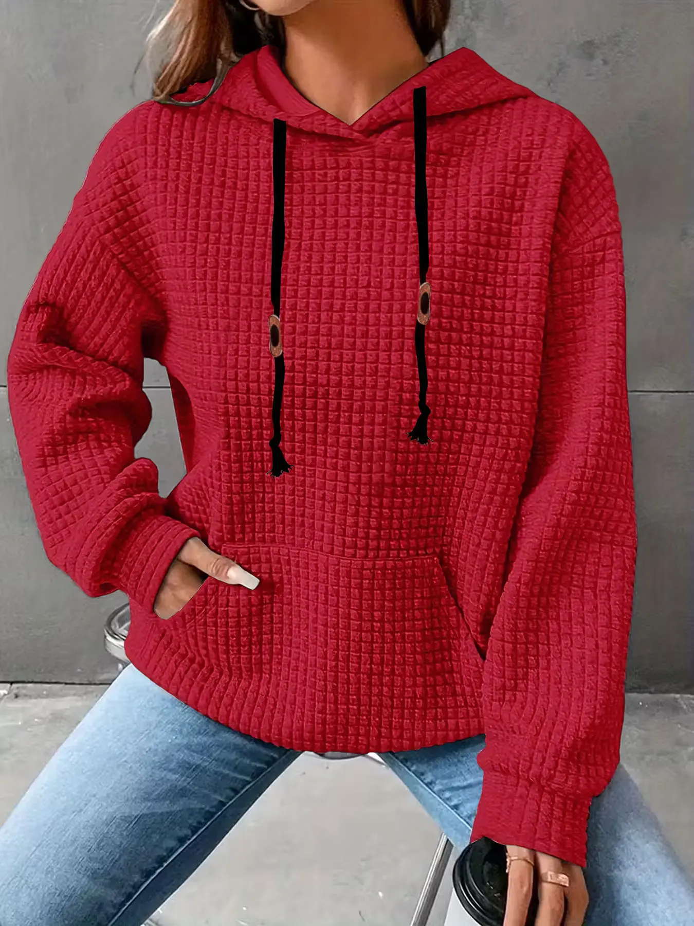 Fashion Versatile Loose Women's Premium Knit Hooded Long Sleeve Sweatshirt, Waffle Texture Casual Outdoor Pullover, Stylish Minimalist All-Season Wear