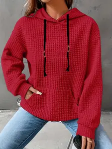 Fashion Versatile Loose Women's Premium Knit Hooded Sweatshirt, Waffle Texture Casual Outdoor Pullover, Stylish All-Season Wear