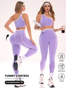 Women's Seamless Purple & White Sports Set Tummy Control Workout Set Sleeveless Cropped Leggings for Yoga & Studio All Seasons