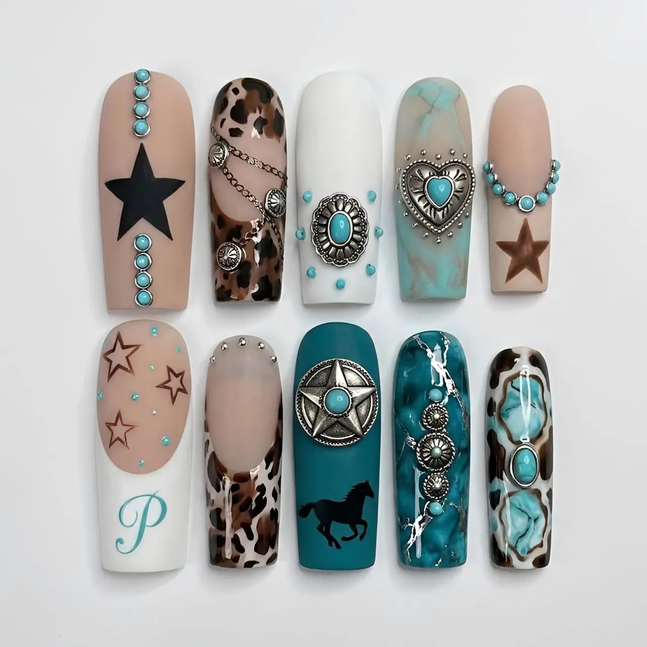 Western Turquoise Press On Nails, Cow Print Horse Star and Silver Concho Nail Art, Boho Cowgirl Long Coffin Reusable Fake Nail Set