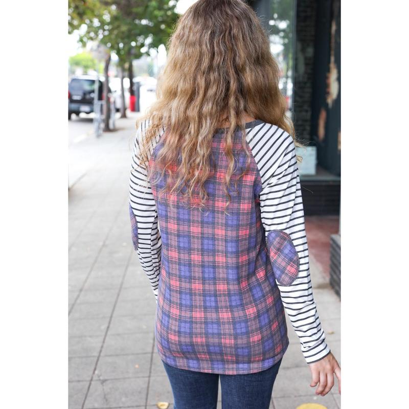 Feeling Playful Plaid/Stripe Outseam Stitch Elbow Patch Pullover
