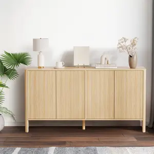 Modern Fluted Sideboard Buffet Cabinet – 58" Wide Storage Credenza with 4 Fluted Doors & Adjustable Shelves – Natural Oak Accent Console Table for Dining Room, Kitchen, Living Room, Entryway